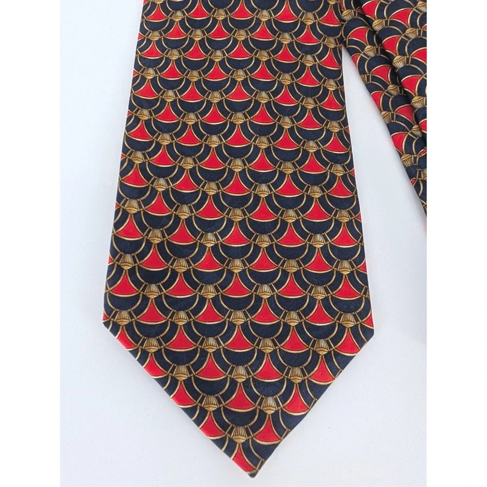 Lanvin Paris Silk Necktie Mens VTG Red Blue Gold Art Deco Scallop Made in France